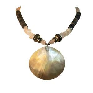 Vintage Large Abalone Shell Pendant Wooden and Pink Brown Shell Beaded Necklace